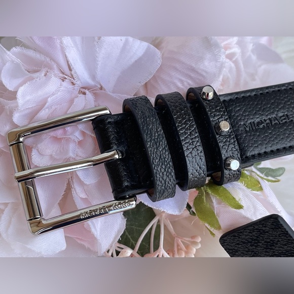 Michael Kors Women's Triple Loop Studded Black Logo Belt - Picture 9 of 14